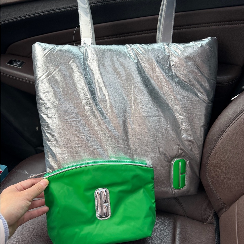 Any 3 for $50 |  Clinique Silver Tote Bag + Green Pouch Set